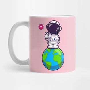 Cute Astronaut Standing On Earth With Love Sign Cartoon Mug